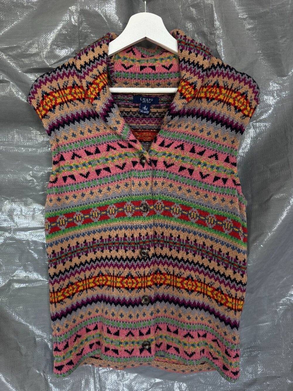 Vintage 90s Chaps Womens S Fair Isle Sweater Vest Button Front Cotton